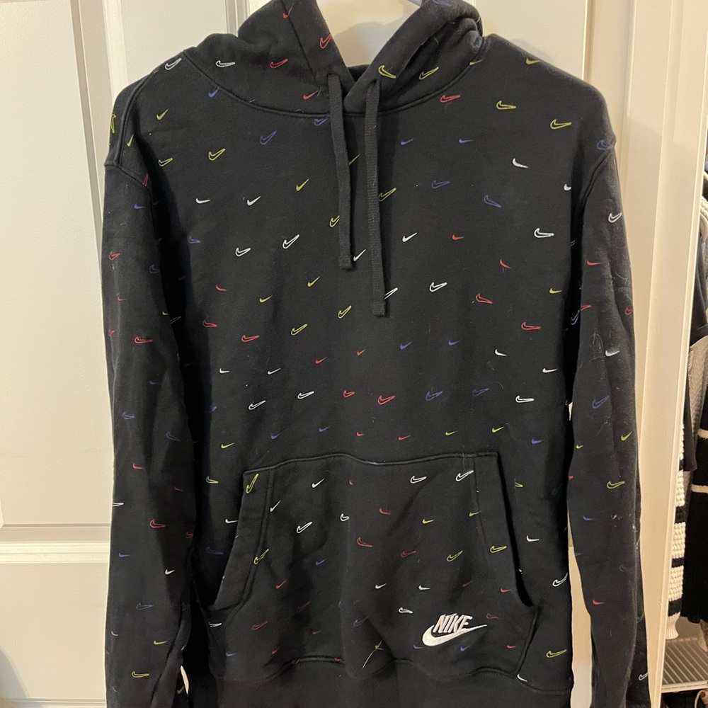 Nike Black Sweatshirt Hoodie with Signature Colorful Swoosh Pattern